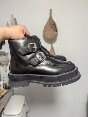 Floyd Black Leather Double-Buckle Ankle Platform Boots